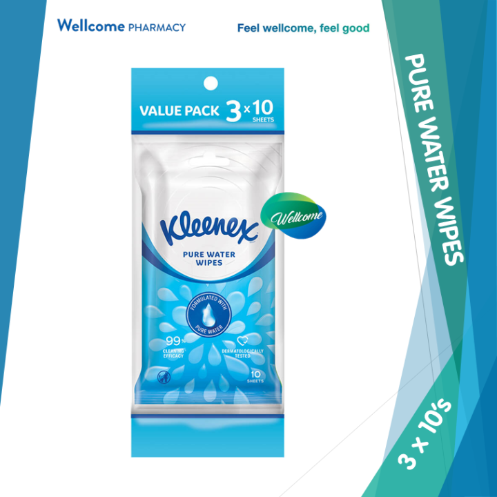 Kleenex Water Fresh Pure Water Wipes for Hand and Face - 3 x 10's (Triple Pack) | Lazada