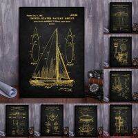 Golden Sailboat Patent Print PosterYacht Anchor Ship Wheel Sailing Blueprint Nautical Wall Art Canvas Painting Home Decor Gift