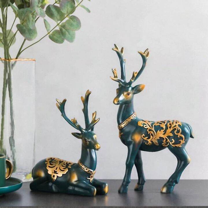 Standing and Kneeling Reindeer Resin Sculpture 2Pcs Lucky Deer ...