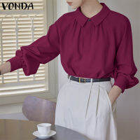 เสื้อสำนักงานคอเสื้อแขนยาวตุ๊กตาแบบลำลอง VONDA ผู้หญิงเสื้อปุ่มสีทึบขึ้น (ลำลองเกาหลี)