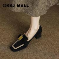 KKJ MALL Ladies Shoes French R Color Matching Single Shoes Women 2022 New Square Toe Small Leather Shoes Soft Leather Medium Thick Heel Loafers