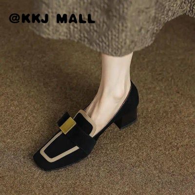 KKJ MALL Ladies Shoes French R Color Matching Single Shoes Women 2022 New Square Toe Small Leather Shoes Soft Leather Medium Thick Heel Loafers