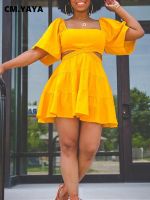 Hot sell CM.YAYA Women Cut Out High Waist Open Back Half Sleeve Big Swing Ruffle Hem Smock Dress 2022 Summer Female Street Yellow Dresses