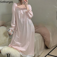 Women Nightgowns Long Sleeve Lace Sweet Square Collar R Midi Nightdress Loose Cozy Bow Gentle Teens Sleepwear Kawaii S-4XL