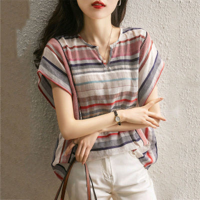 2023 Summer New Cotton And Linen Top Womens Summer Loose Slimming Thin V-Neck Striped T-Shirt Fashionable Large Size Trendy Shirt