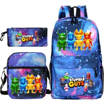 Kids Stumble Guys Backpack Canvas Bags Boys Girls School Bags Cosplay Cartoon Knapsack Casual Backpacks Zipper Bookbag 3Pcs Set