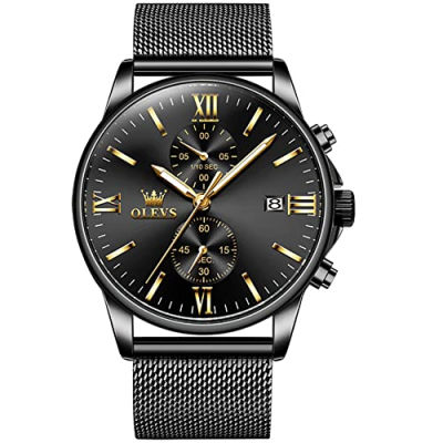 OLEVS Mens Watch Fashion Minimalist Chronograph Quartz Analog Mesh Stainless Steel Waterproof Luminous Watches for Men with Auto Date mesh black gold watch