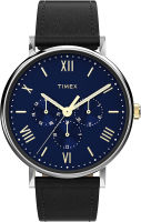 Timex Mens Southview Multifunction 41mm Watch – Silver-Tone Case Blue Dial with Black Genuine Leather Strap