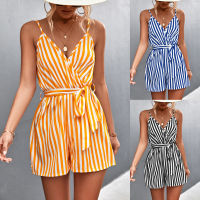 ผู้หญิงลาย Playsuits Cross Collar V คอสลิง Playsuits Casual Street เซ็กซี่สไตล์ Playsuits ผู้หญิงเข็มขัด Tie Playsuits