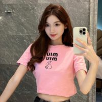 2023 new printing letters bunny embroidery miu miuˉhigh waist short round neck Slim women short sleeve T-shirt