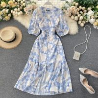 ZZOOI FMFSSOM Summer Spring Floral Printed V-neck Single Breasted Puff Sleeve Women Female A-line High Waist Midi Dress