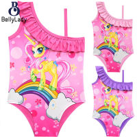 Kids Girls Cartoon One Piece Swimsuit With Ruffle Quick-drying Oblique Shoulder Straps Design Beach Swimwear Swimming Bathing Suit【fast】