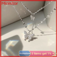 Ministar สร้อยคอแฟชั่นสองชั้นคลาสสิกผีเสื้อฝังเพชรไฟโซ่ไหปลาร้าหรูหราจี้สร้อยคอสำหรับผู้หญิงเครื่องประดับ