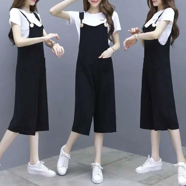 จั๊มสูทผู้หญิงสไตล์เกาหลี-กางเกงสายเอี๊ยมขนาดใหญ่พิเศษขายาวแฟชั่นสำหรับผู้หญิงชุดเอี๊ยมลำลองแขนสั้น