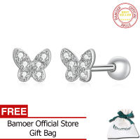 BAMOER 925เงินสเตอร์ลิงชุบทองคำขาวน่ารักผีเสื้อต่างหูทำด้วยมือ5มม. Dainty CZ ต่างหูสำหรับคนแพ้ง่าย SCE1116