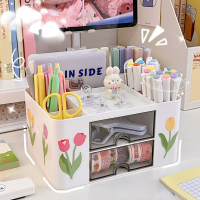 ที่ใส่ปากกาตั้งโต๊ะความจุขนาดใหญ่ Multi-Grid Drawer Student Stationery Finishing Storage Office Storage Shelf Organizer