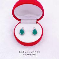 Q6410 ต่างหูพลอยโมราแท้ ( Chrysoprase ) แบบอิงลิชล็อค ตัวเรือนเงินแท้ 925 ชุบทองคำขาว