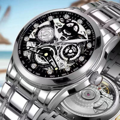 ORUSS นาฬิกาสำหรับผู้ชายดีไซน์ลายโปร่งดั้งเดิมใสด้านล่างโปร่งใสนาฬิกาข้อมือกันน้ำ Tourbillon