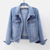 Spring Summer Full Sleeves Solid Women Collared Distressed Coat Ladies Washed Cropped Denim Jacket Girl Ripped Jean Cardigan Top