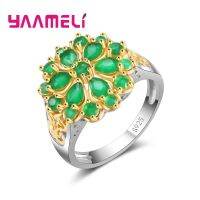 Novelty Green CZ Finger Rings for Women Ladies 925 Sterling Silver Sparkling Flower Charms Engagement Accessories