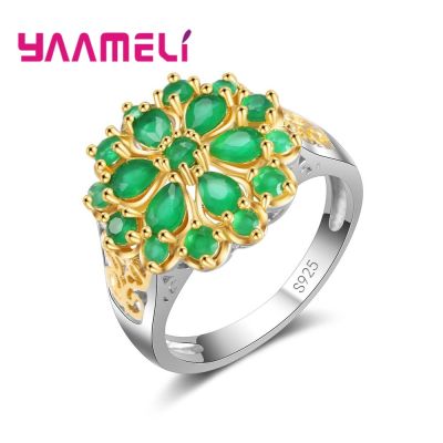 Novelty Green CZ Finger Rings for Women Ladies 925 Sterling Silver Sparkling Flower Charms Engagement Accessories