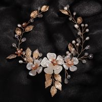 ⊙▤✻ Pearl Flower Leaf Bridal Headband Crystal Wedding Headdress for Women Party Bride Hair Accessories Jewelry Girls Headpiece Tiara