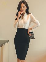 H Han Queen Hot sale Autumn Black White Stitching Office Sheath Bodycon Pencil Dress High Waist Chic Party Womens Dresses