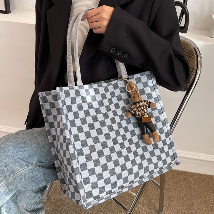 large-capacity-chessboard-plaid-handbags-female-2023-new-versatile-ins-student-commuter-canvas-shoulder-tote-bag