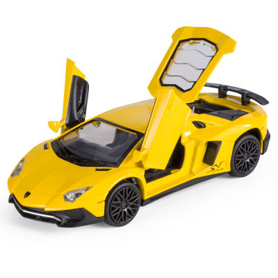 1:32 Lamborghini LP750-4SV รุ่นจำลองล้อแม็กรถยนต์เสียงและแสงดึงกลับเด็กรถของเล่นรุ่นยานพาหนะหล่อ