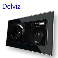 Delviz เต้าเสียบไฟติดผนังคู่3100Ma 5V พร้อมพอร์ตชาร์จเร็ว Usb แผงกระจกนิรภัยซ็อกเก็ต USB ชนิด C มาตรฐานสหภาพยุโรป18W