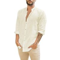 Cotton Linen Hot Sale Mens Long-Sleeved Shirts Summer Solid Color Stand-Up Collar Casual Beach Style Plus Size