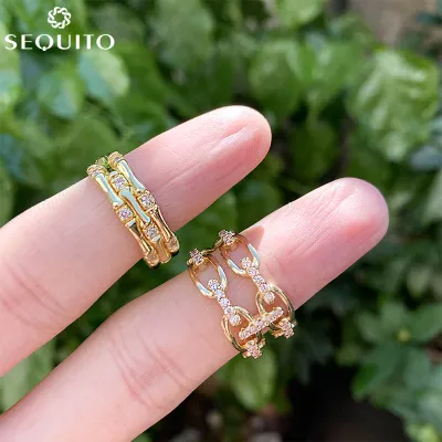 SEQUITO จัดส่งฟรีแฟชั่นเก๋เรขาคณิตเปิดข้อมือแหวนสำหรับผู้หญิงประกาย AAA Cubic Z Irconia โกลเด้นปรับนิ้วเครื่องประดับ SR053