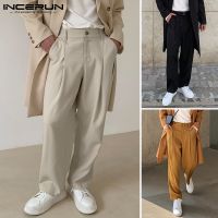 INCERUN Men Korean Style Casual With Belt Solid Color Loose Straight Long Pants