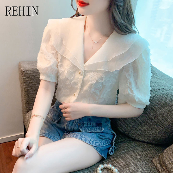 rehin-ผู้หญิงฤดูร้อนใหม่หวาน-ruffle-ตุ๊กตาคู่สามมิติตัดดอกไม้แขนสั้นเสื้อแนวโน้มเสื้อชีฟอง