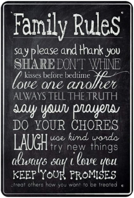 Family Rules ป้ายโลหะดีบุก,โปสเตอร์แผ่นโลหะโบราณ,เหมาะสำหรับโรงรถ,บาร์,ตกแต่งผนังบ้าน,ขนาด8X12นิ้ว