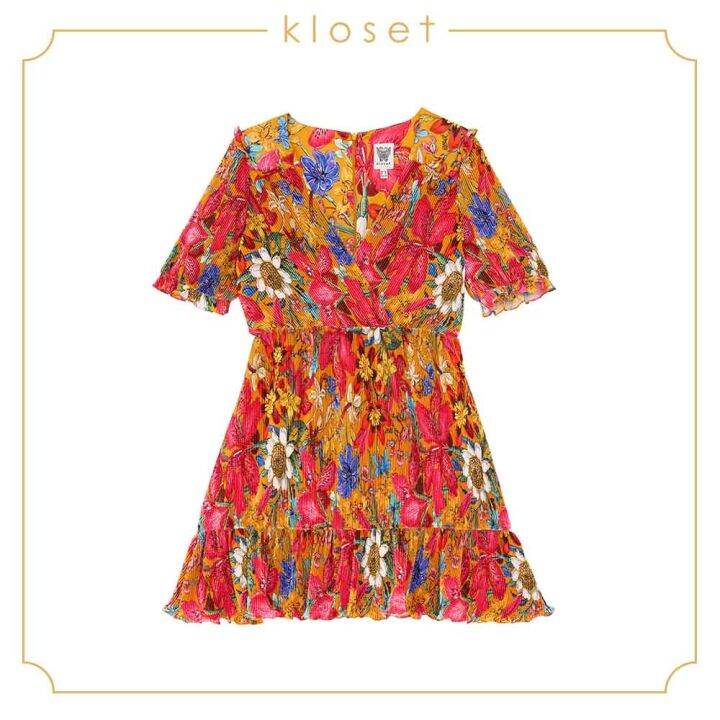 kloset-iris-printed-with-ruffle-mini-dress-aw19-d008-ชุดเดรส-ชุดผ้าพลีท-ชุดเดรสสั้น-ชุดเดรสแฟชั่น