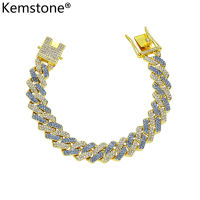 Kemstone เส้นคู่ Zircon สีน้ำเงินม่วงเงินชุบทองคิวบา Chain Link สร้อยข้อมือฮิปฮอปเครื่องประดับสำหรับผู้ชาย