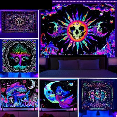 Fluorescent mushroom tapestry UV reaction Moon and star tapestry Wall hung aesthetic tapestry
