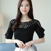 Korean Fashion Lace Shirt Summer Chiffon Blouse Hollow Off Shoulder Tops Women
