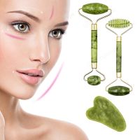 ◄ 2pcs Face Massager Roller Natural Jade Stone Guasha Board Scraper Set Facial Lift Skin Relaxation Slimming Beauty Neck Thin Tool