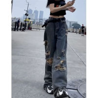 เสื้อคลุม Old high street brand ripped high waist jeans womens summer Loose straight wide leg trousers mopping trousers