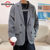 KYUSHUAD เสื้อเบลเซอร์ผู้ชายสไตล์ฮ่องกงสีทึบ ruffian ชุดลําลองหล่อเกาหลีรุ่นหลวมแนวโน้มผู้ชายหล่อด้านบน