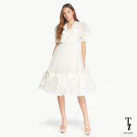 TandT - "DARINA" Embroidered Sailor Collar Transparent Tulle Dress เดรสสั้นรูดระบายทรงบาน แขนสั้นทรงพอง คอปกกะลาสี ปักลูกปัด ตกแต่งโบว์ ผ้าตาข่ายออกแกนซ่าลายตาราง