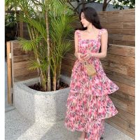 The newSpring and summer flowers printing elastic pleated holiday condole beach dress dress pink skirt