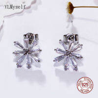 Pure 925 Silver Stud Earrings With Long Shape Shiny Cubic Zircon Flower Beautiful Fine Jewellery For Girl