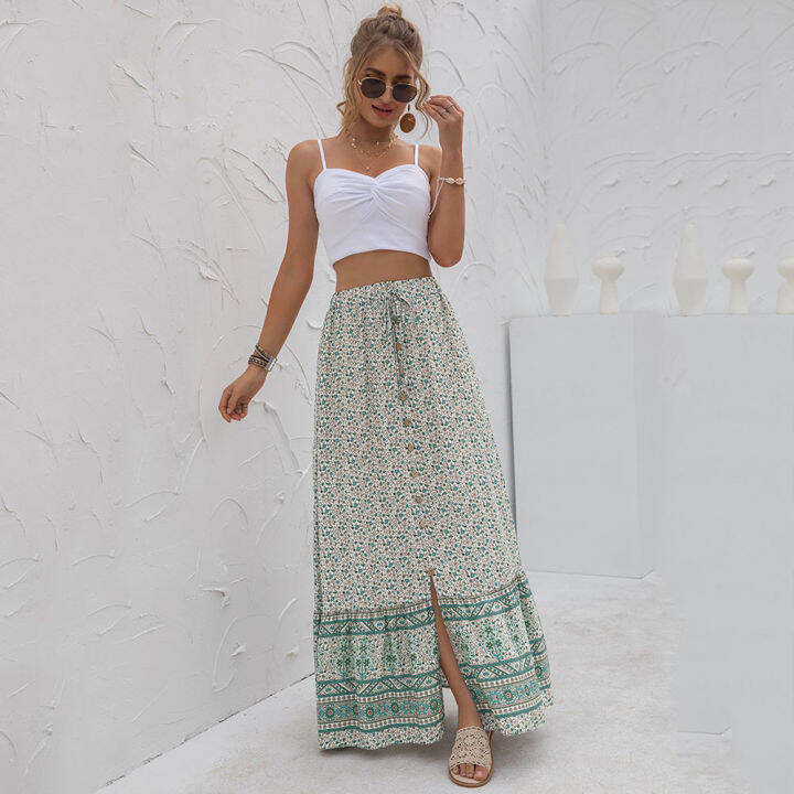 women-clothing-casual-boho-print-lace-up-maxi-skirts-summer-fashion-empire-loose-long-skirt-green-slit-beach-skirts-womens