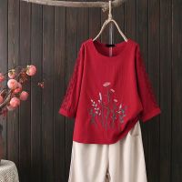 【มีไซส์ใหญ่】Plus Size L-4XL Womens Round Neck Floral Embroidery Summer Shirts Oversized 3/4 Sleeve Vintage A-line Female Tops