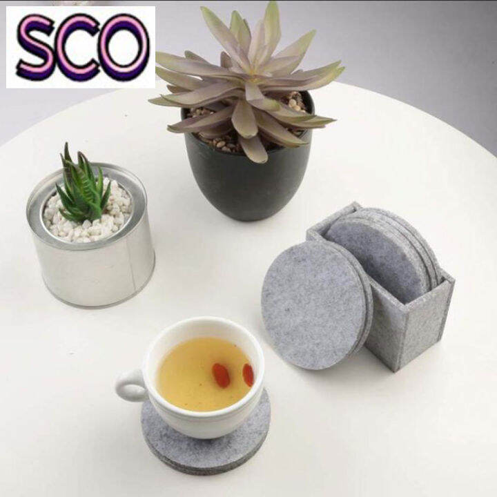 sco-ชุดที่รองแก้วสำหรับเครื่องดื่มสักหลาด8ชิ้น-เซ็ตพร้อมกล่องที่วางแก้วที่ยึดแผ่นรองสีเทาอ่อน-สีเทาเข้ม