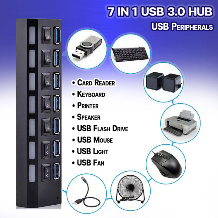 usb-hubช่องต่อusb-4-7ports-ultra-high-speed-hubฮับยูเอสบีเพิ่มช่องจำนวน4พอร์ต-7พอร์ตwith-on-off-switch-ledตัวเพิ่มช่องusb2-0ใช้กับเเฟลตได-เมาส์-คีย์บอร์ด-u-ดิสก์