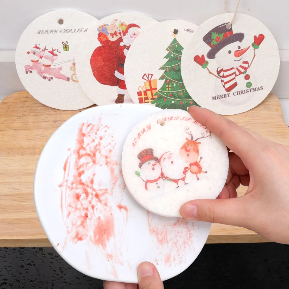 Cleaning Sponge Rubs Santa Claus Dish Brush Wood Pulp Cotton Wipe